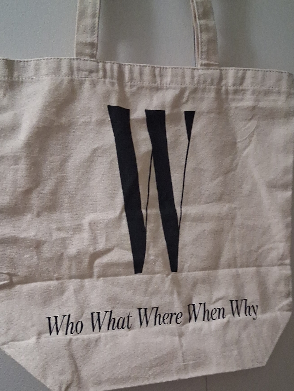 Who What WhereWhen Why Beige Canvas Tote with Black Print